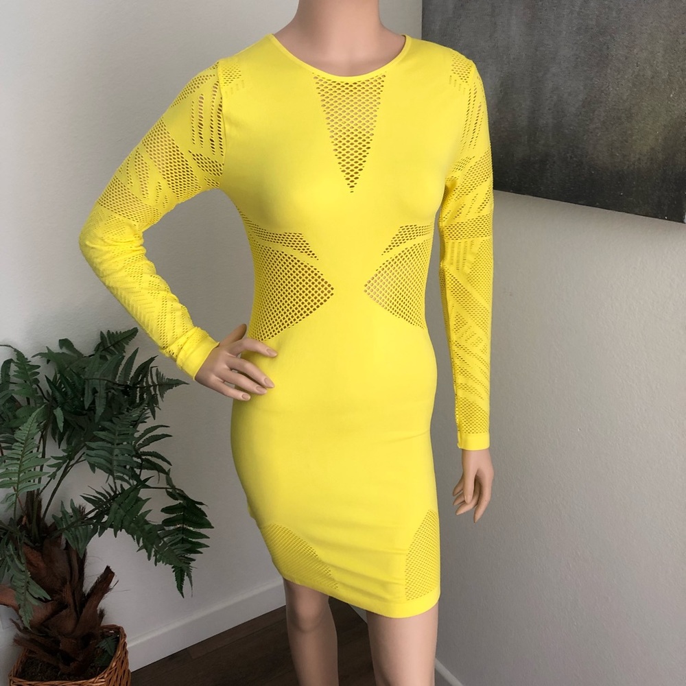 Marciano Neon Yellow Bodycon Dress with Mesh